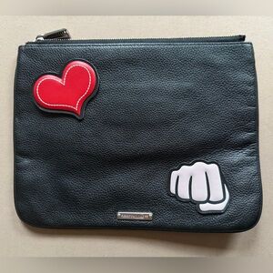Rebecca Minkoff Black Leather Clutch with Red Heart and White Fist Patches